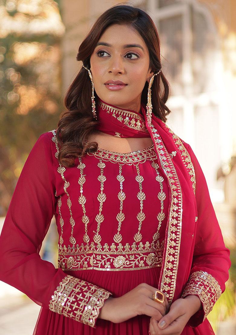 Pink Embroidered Georgette Anarkali Set