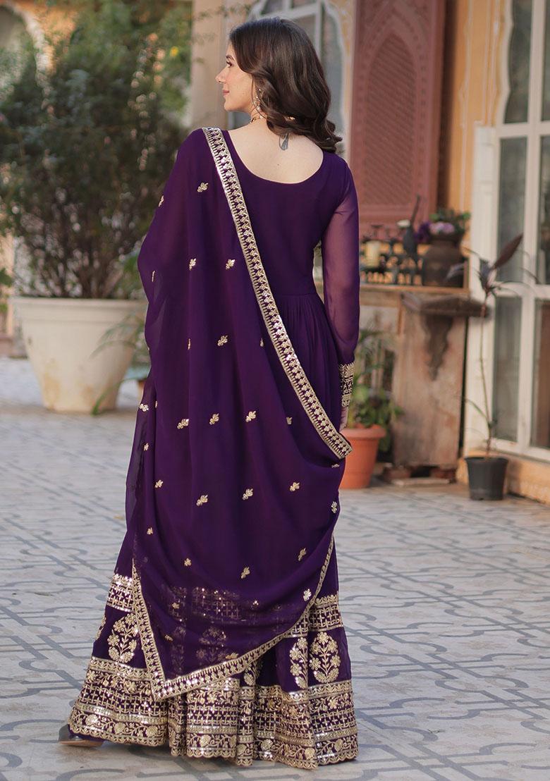 Purple Embroidered Georgette Anarkali Set