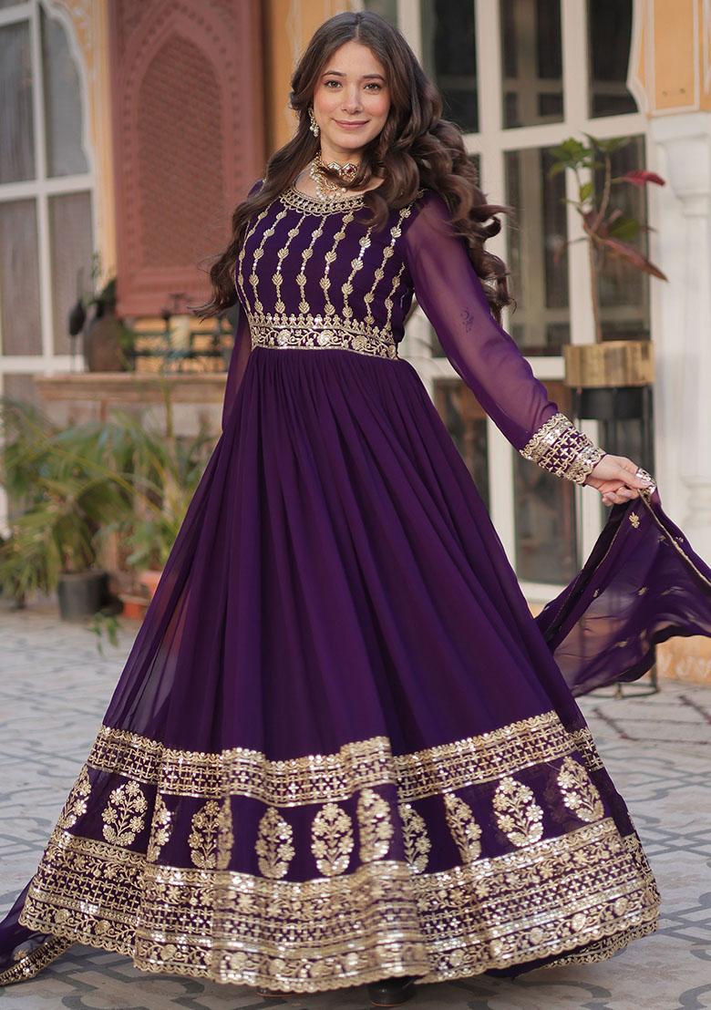 Purple Embroidered Georgette Anarkali Set