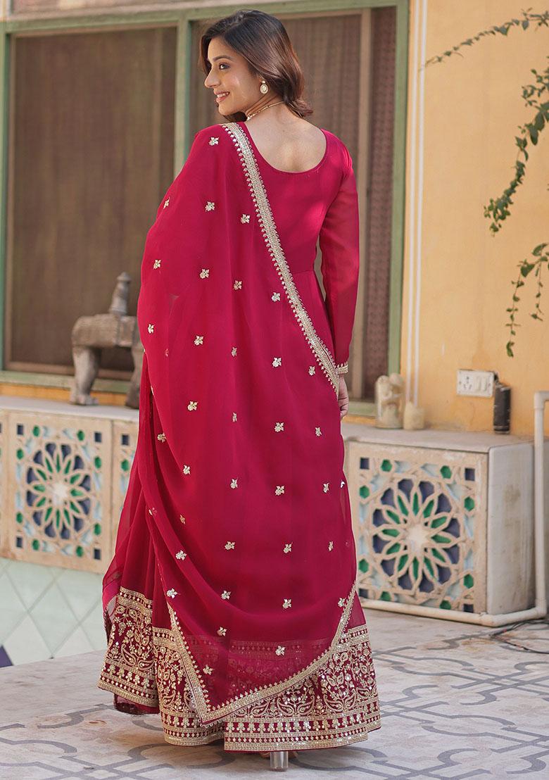 Pink Embroidered Georgette Anarkali Set