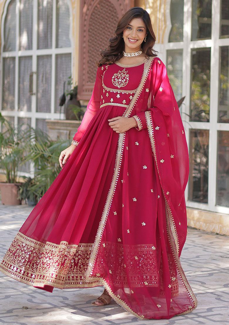 Pink Embroidered Georgette Anarkali Set