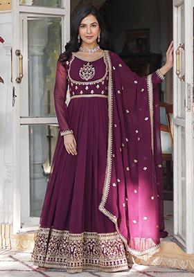Purple Embroidered Georgette Anarkali Set