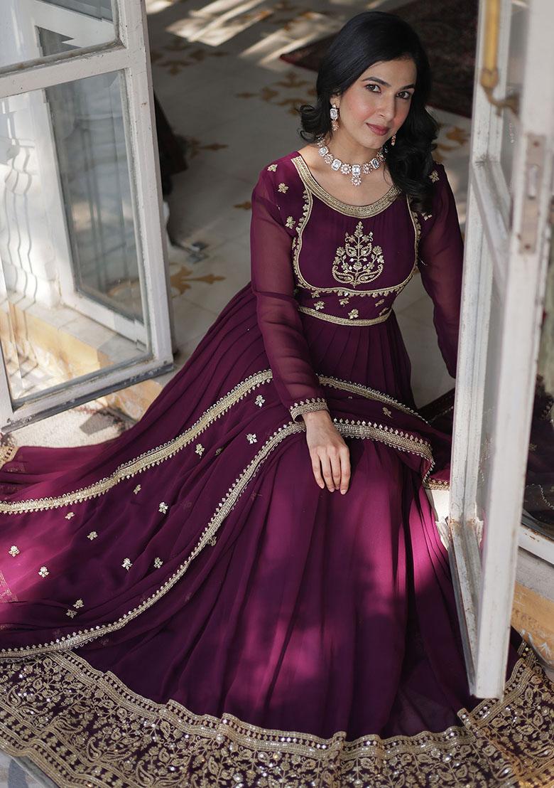 Purple Embroidered Georgette Anarkali Set