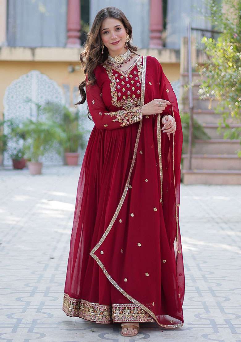 Maroon Embroidered Georgette Anarkali With Dupatta - Indya
