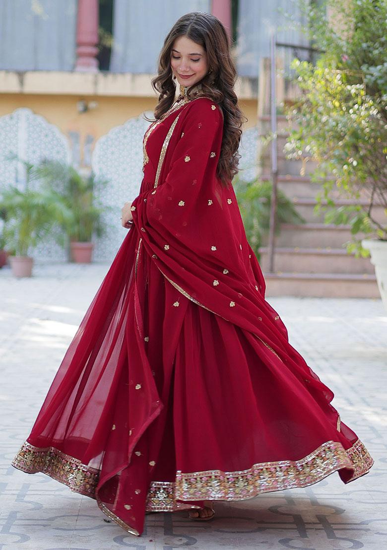 Maroon Embroidered Georgette Anarkali Set