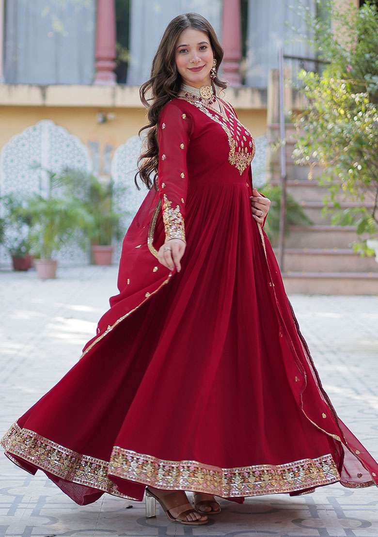 Maroon Embroidered Georgette Anarkali With Dupatta - Indya