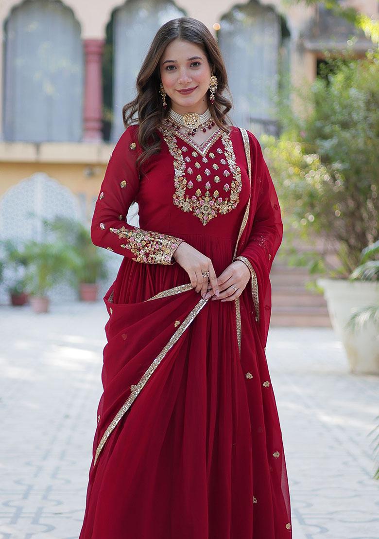 Maroon Embroidered Georgette Anarkali Set
