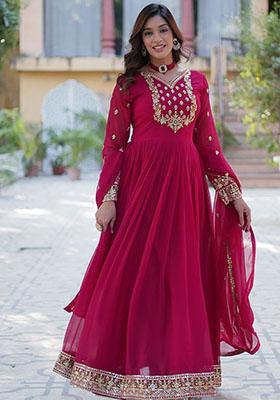 Pink Embroidered Georgette Anarkali Set