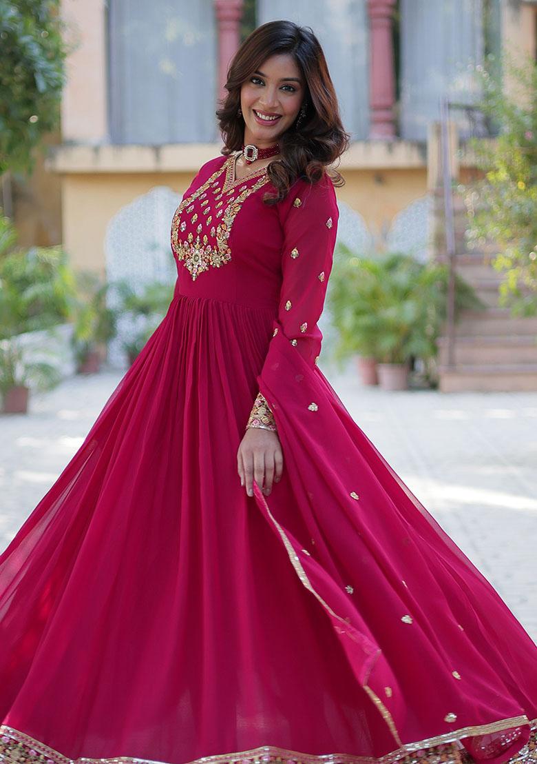 Pink Embroidered Georgette Anarkali Set