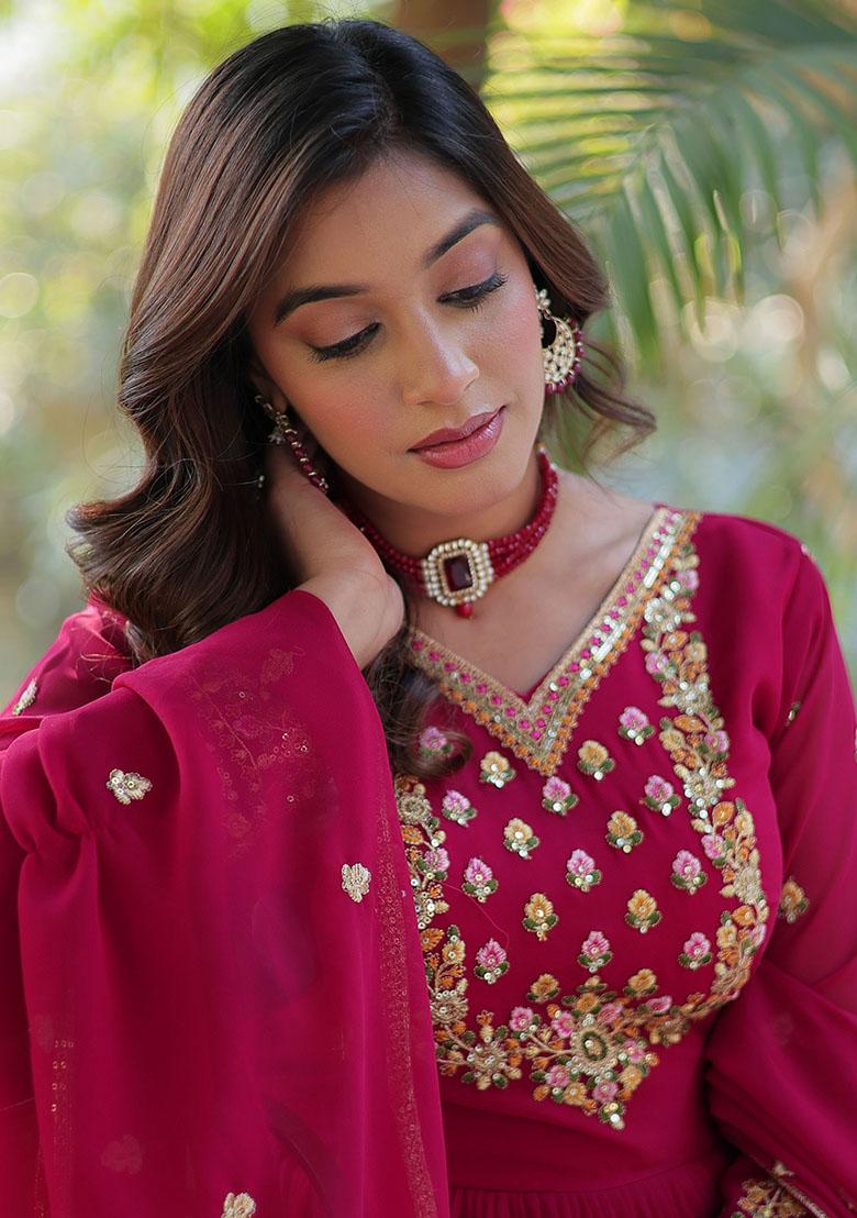 Pink Embroidered Georgette Anarkali Set