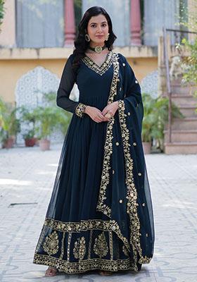 Blue Embroidered Georgette Anarkali Set