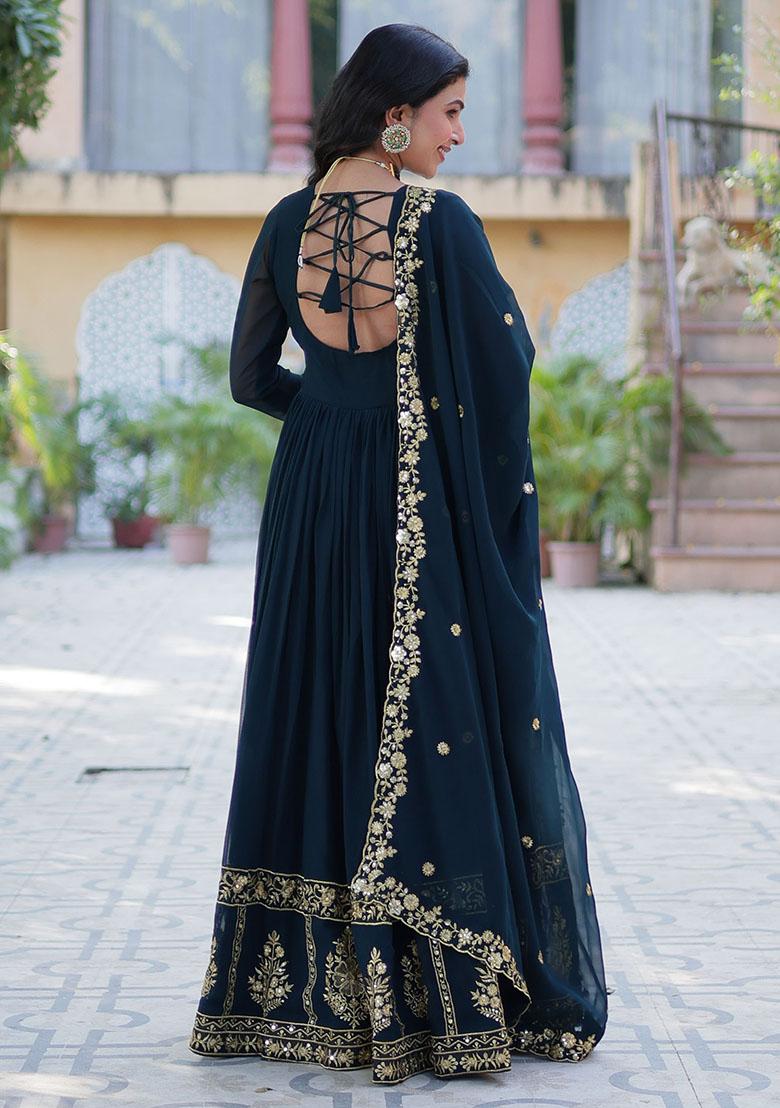 Blue Embroidered Georgette Anarkali Set