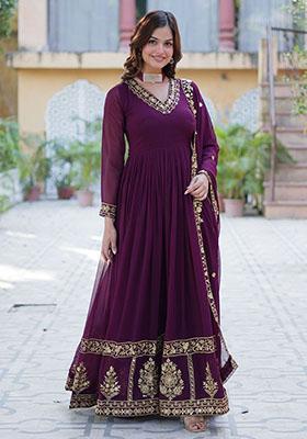 Purple Embroidered Georgette Anarkali Set