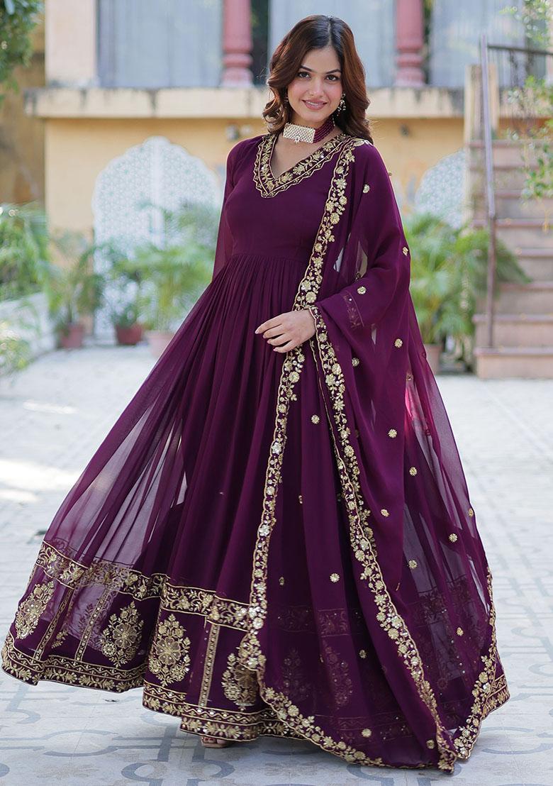 Purple Embroidered Georgette Anarkali Set