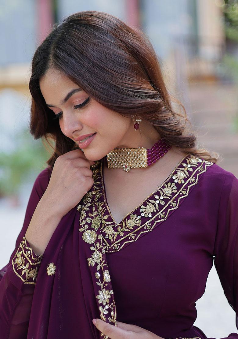 Purple Embroidered Georgette Anarkali Set