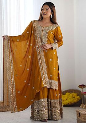 Yellow Embroidered Chinon Kurta Set