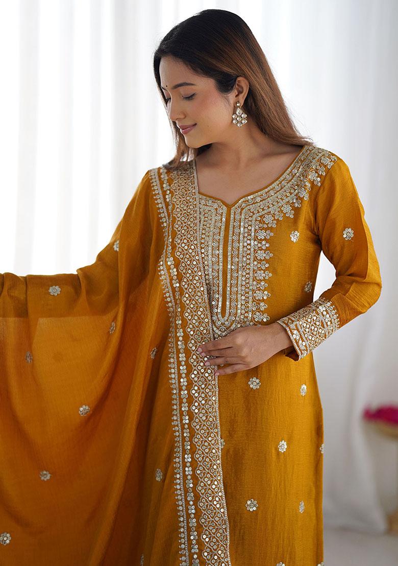 Yellow Embroidered Chinon Kurta Set