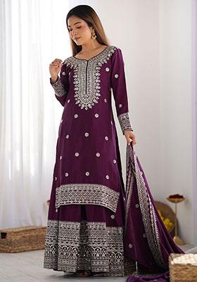 Purple Embroidered Chinon Kurta Set