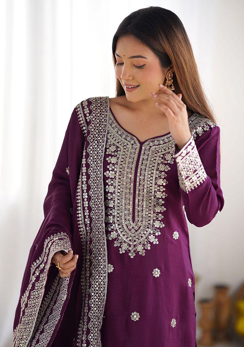 Purple Embroidered Chinon Kurta Set