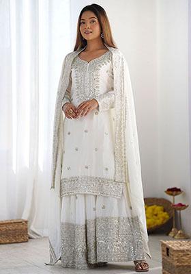 White Sequin Embroidered Chinon Kurta Set