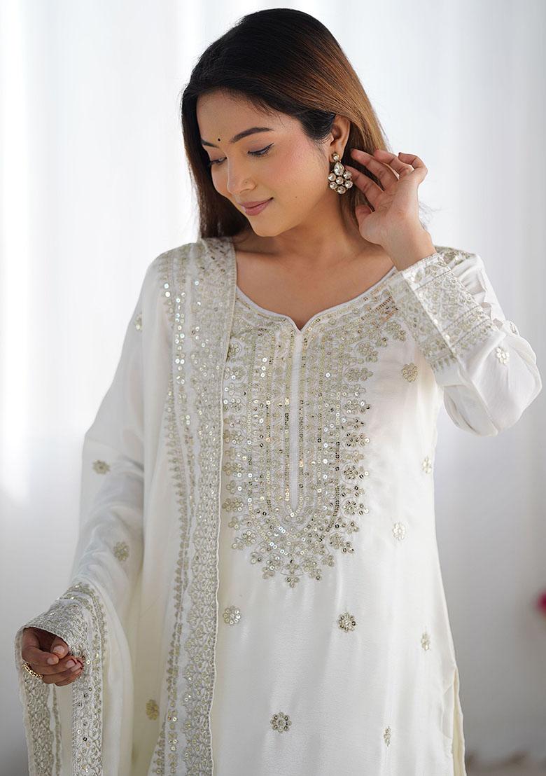 White Sequin Embroidered Chinon Kurta Set