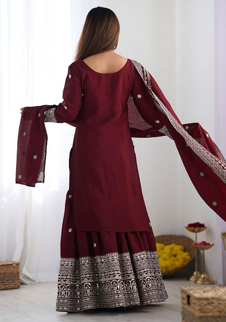 Purple Sequin Embroidered Chinon Kurta Set