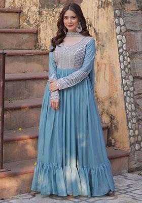 Sky Blue Sequin Embroidered Georgette Anarkali Set