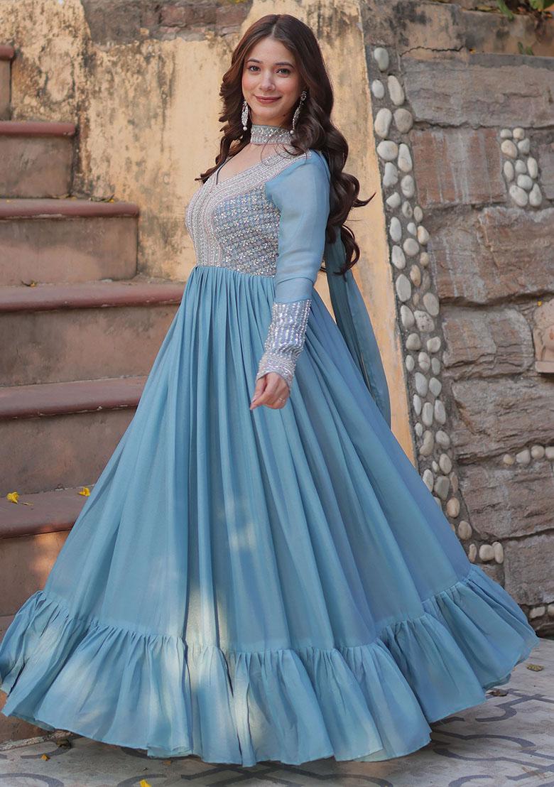 Sky Blue Sequin Embroidered Georgette Anarkali Set