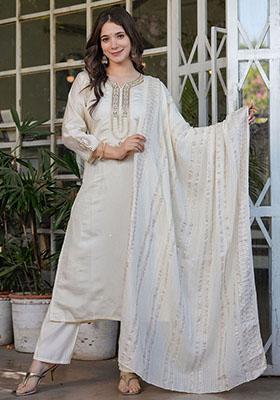 Off White Embroidered Viscose Kurta Set