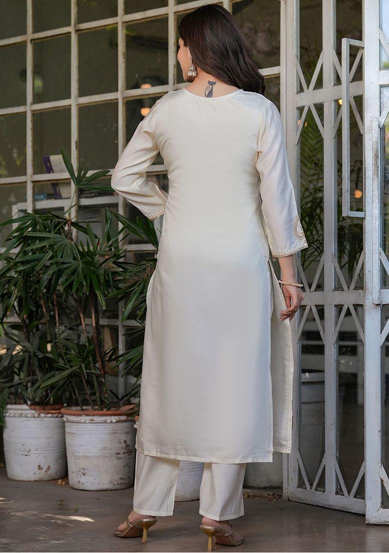 Off White Embroidered Viscose Kurta Set