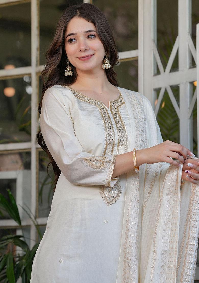 Off White Embroidered Viscose Kurta Set