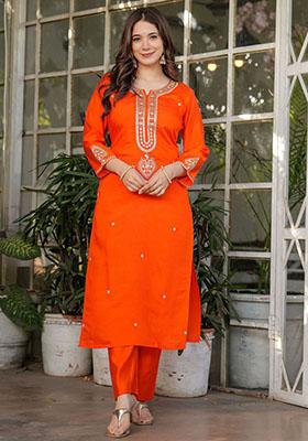 Orange Embroidered Viscose Kurta Set
