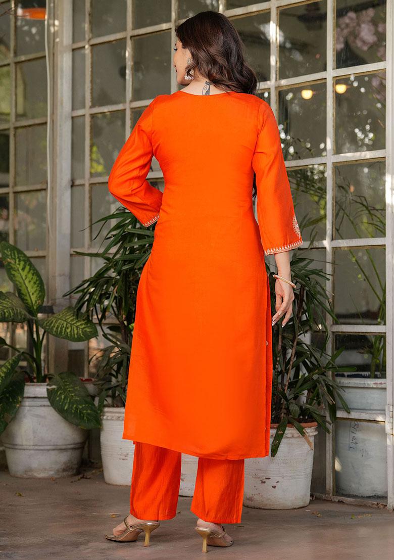 Orange Embroidered Viscose Kurta Set