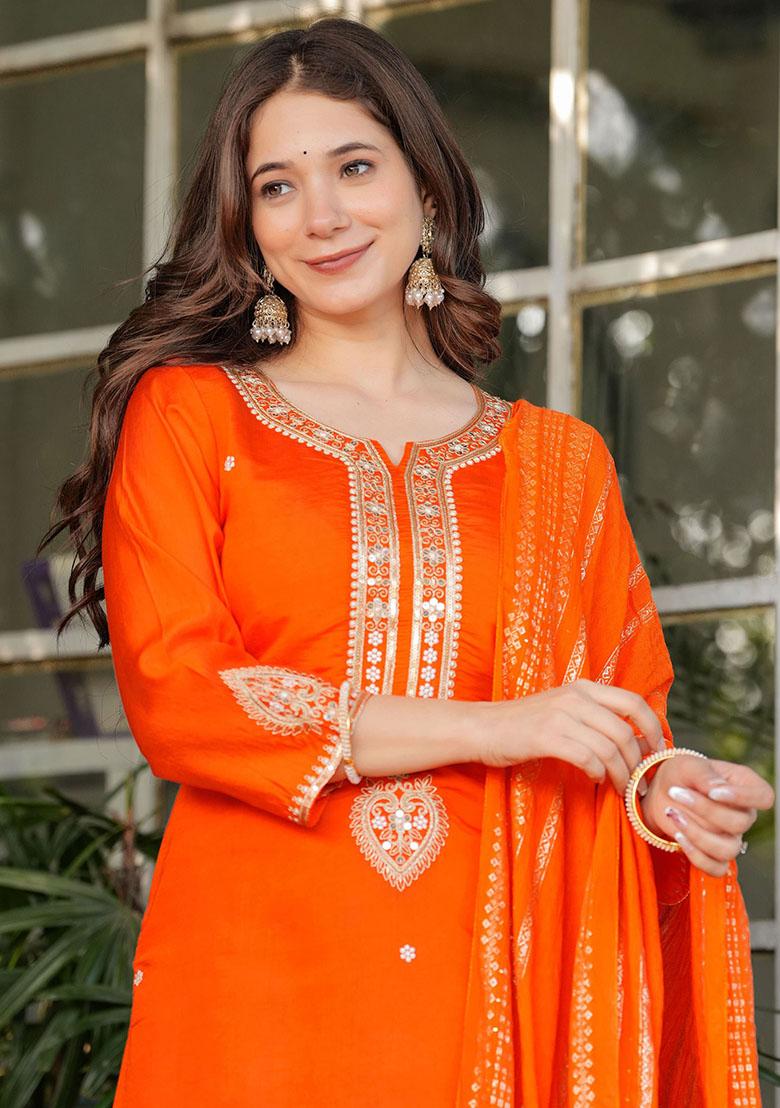 Orange Embroidered Viscose Kurta Set