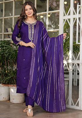 Purple Embroidered Viscose Kurta Set
