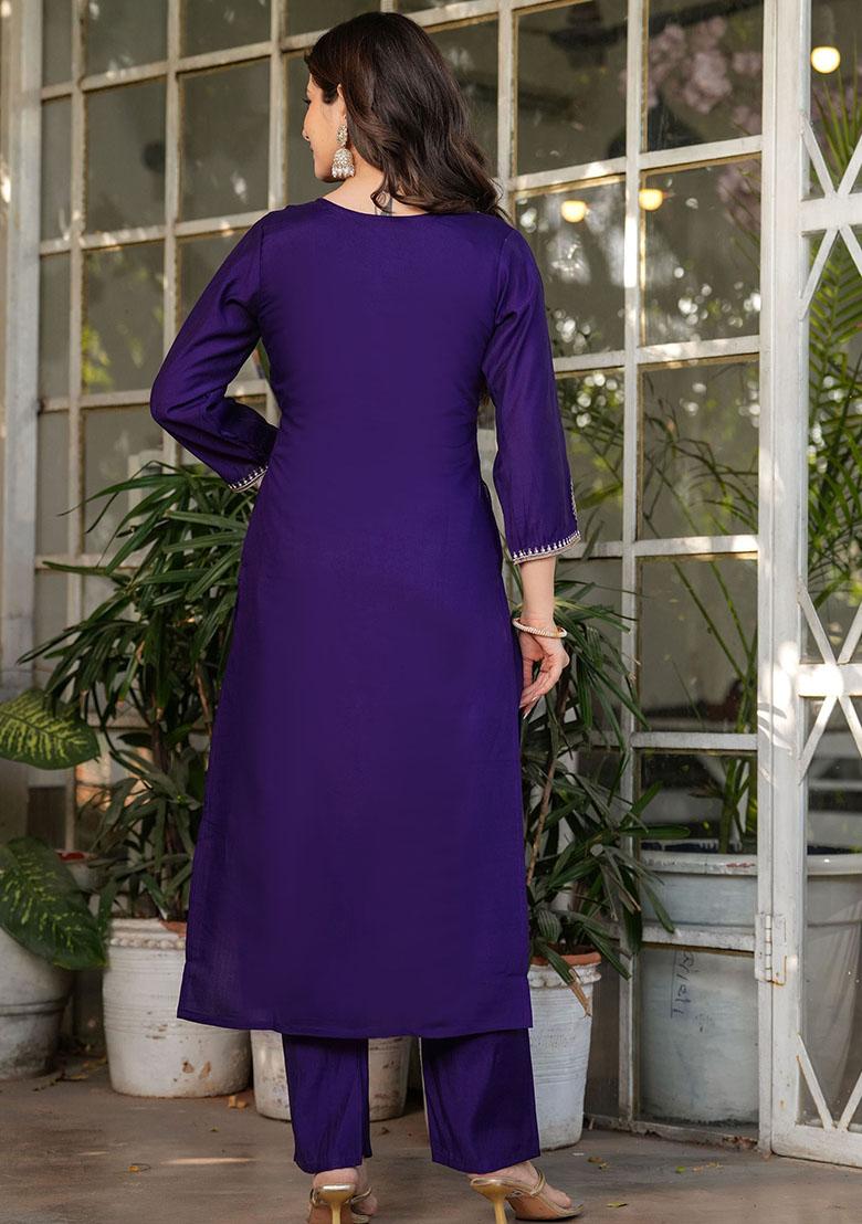Purple Embroidered Viscose Kurta Set