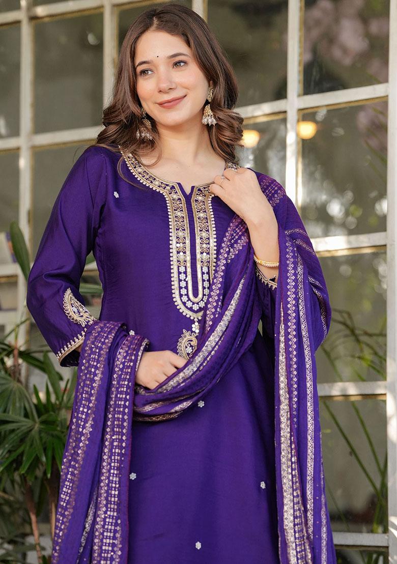 Purple Embroidered Viscose Kurta Set