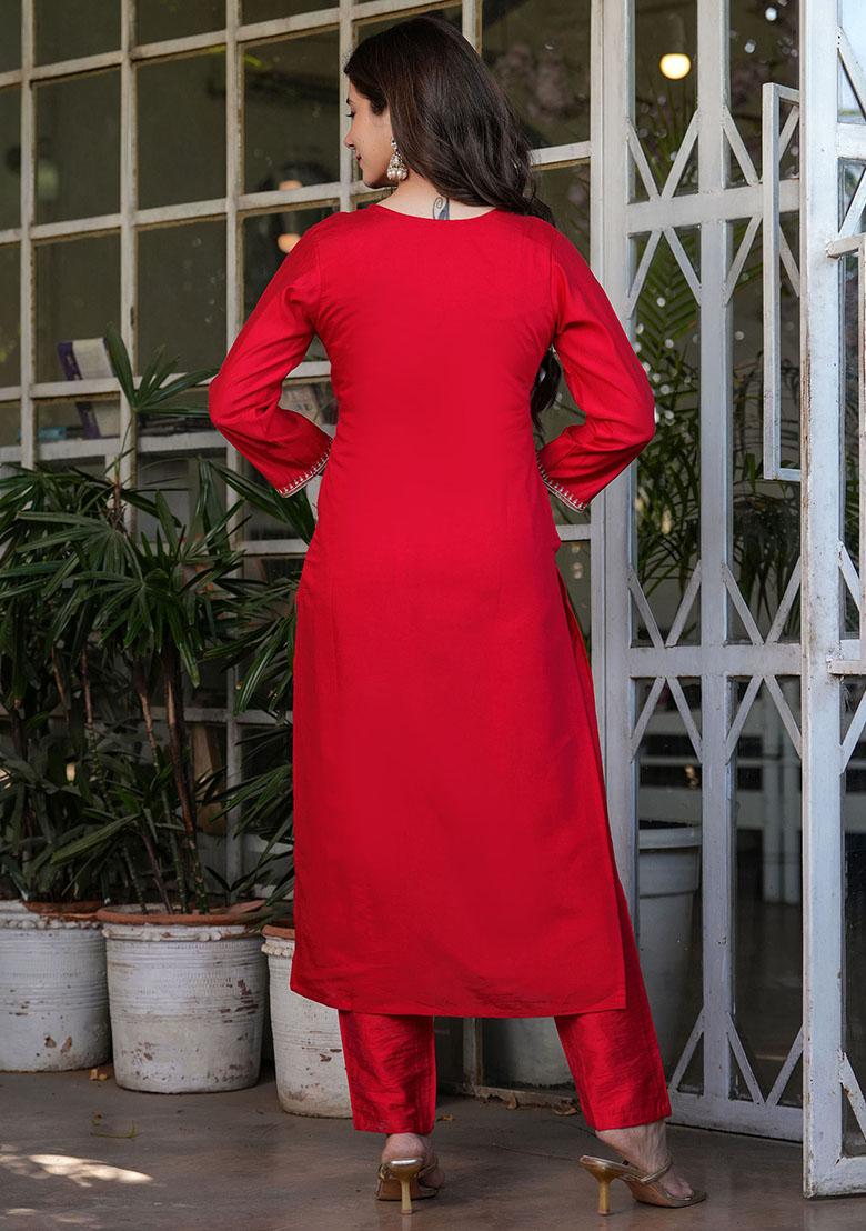 Red Embroidered Viscose Kurta Set