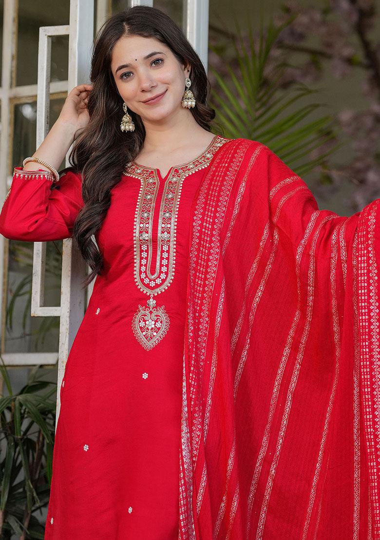 Red Embroidered Viscose Kurta Set