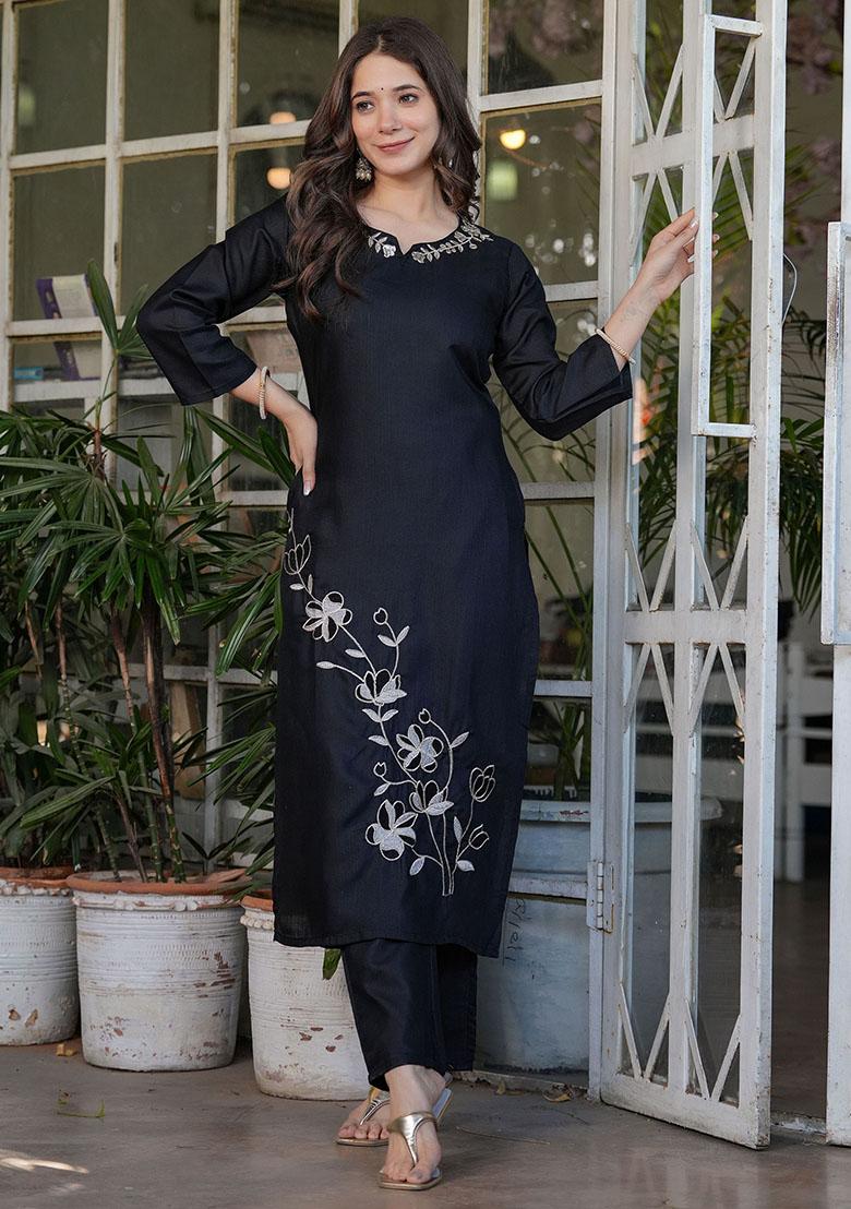 Black Embroidered Viscose Kurta Set