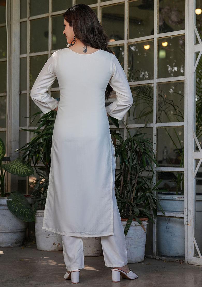 Off White Embroidered Viscose Kurta Set