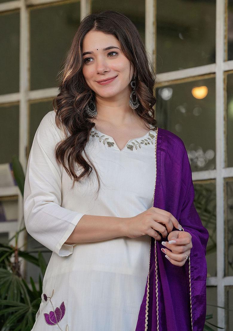Off White Embroidered Viscose Kurta Set