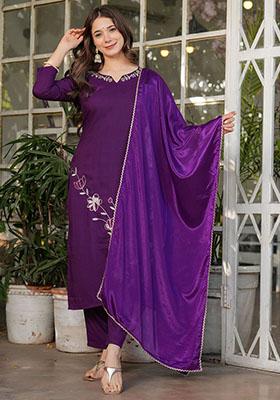 Purple Embroidered Viscose Kurta Set