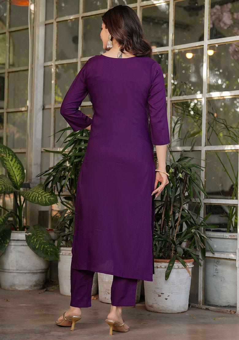 Purple Embroidered Viscose Kurta Set