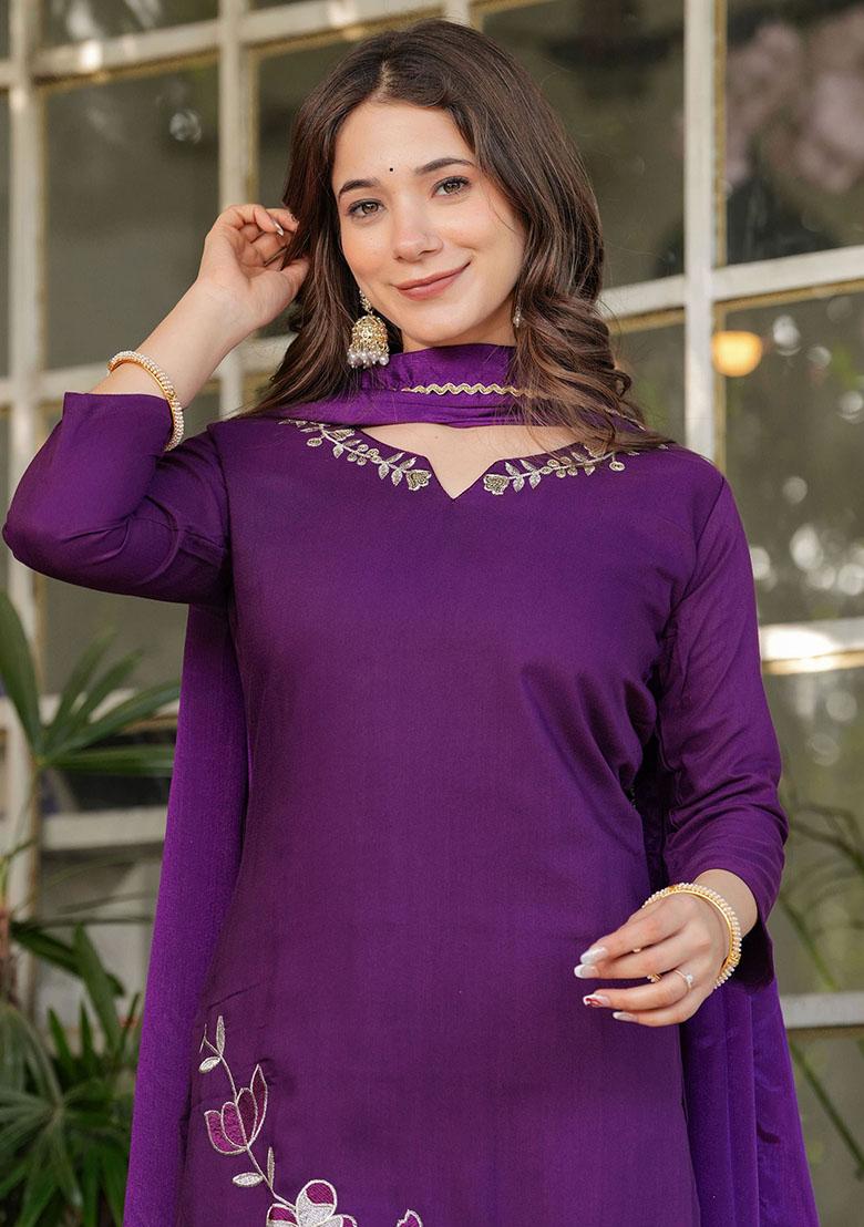 Purple Embroidered Viscose Kurta Set