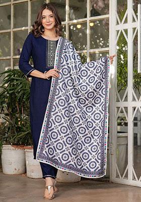 Navy Blue Sequin Embroidered Rayon Kurta Set