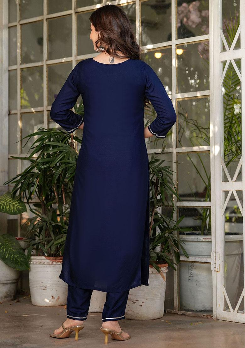 Navy Blue Sequin Embroidered Rayon Kurta Set