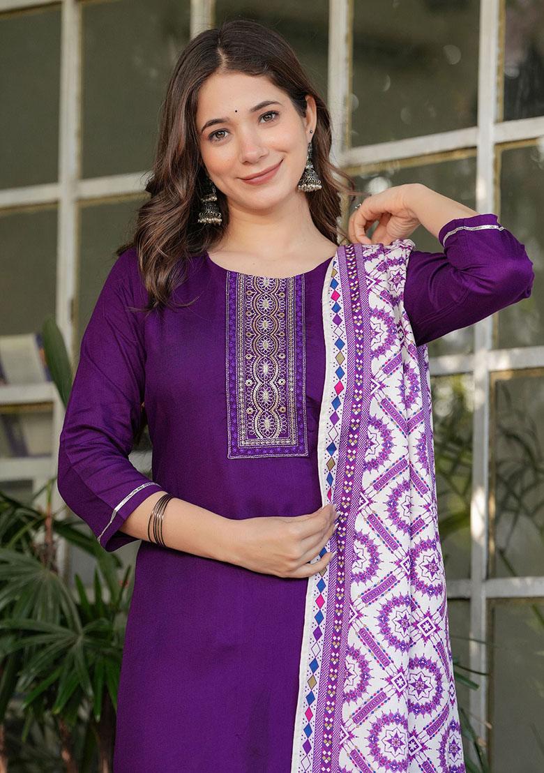 Purple Sequin Embroidered Rayon Kurta Set