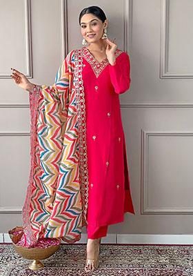 Pink Embroidered Viscose Kurta Set