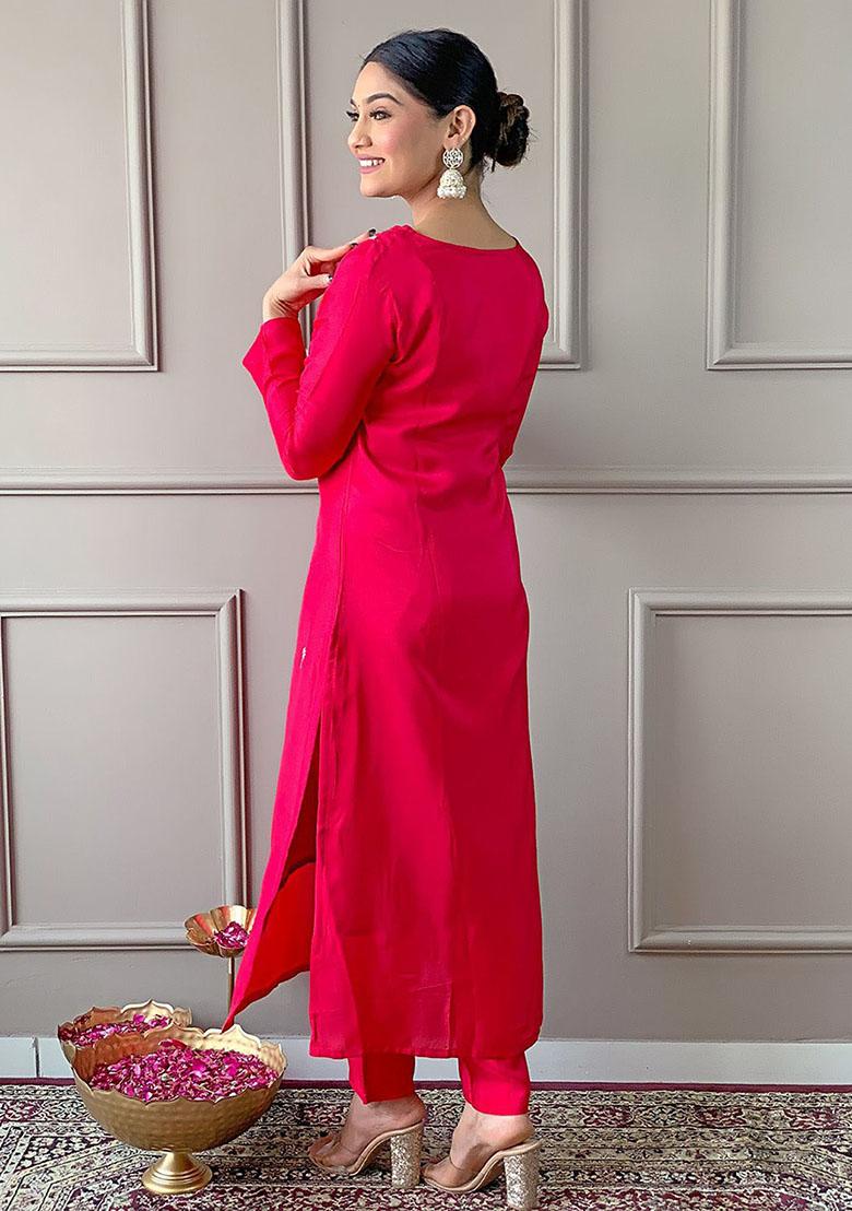 Pink Embroidered Viscose Kurta Set